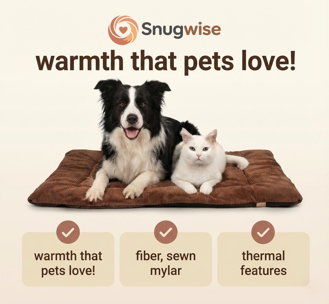 Dog and cat on a brown Snugwise pet bed with text highlighting features.