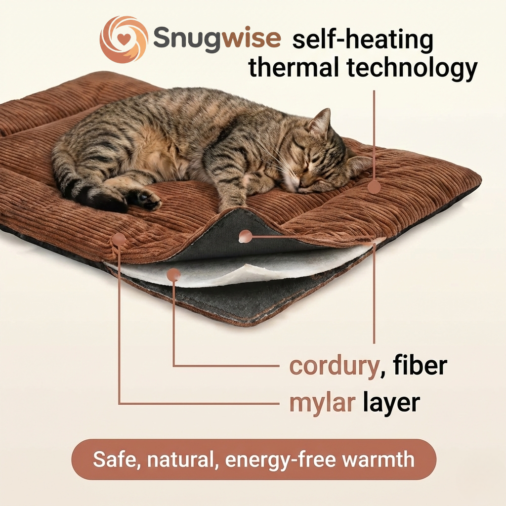 Cat lying on a Snugwise self-heating thermal technology pad with layers labeled.